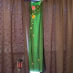 Spaghetti strap long dress w black mesh overlay embroidered w flowers